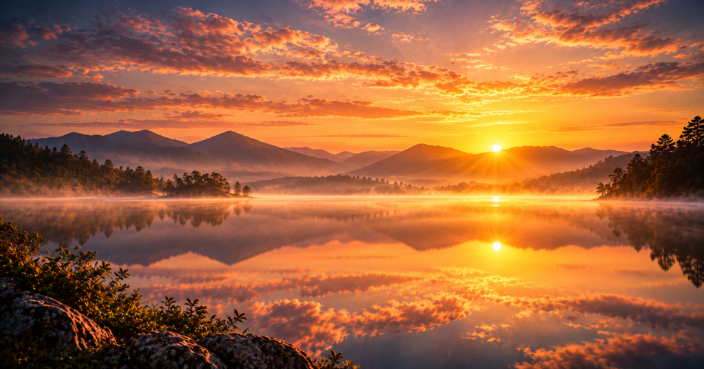 Lago calmo refletindo o amanhecer, reflexão sobre amor-próprio e a lei do espelho