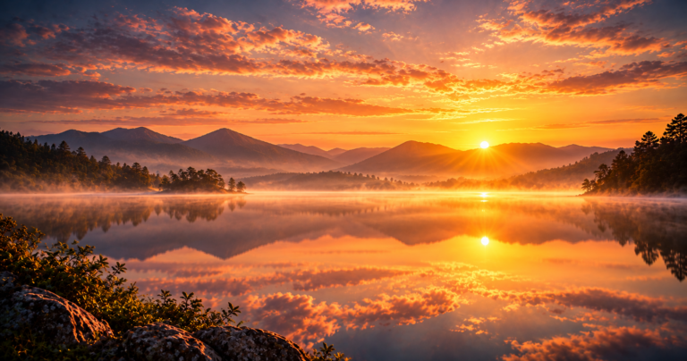 Lago calmo refletindo o amanhecer, reflexão sobre amor-próprio e a lei do espelho