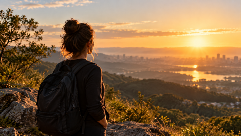 Mulher de costas, com mochila, contemplando o nascer do sol sobre uma paisagem de montanhas e cidade ao fundo, simbolizando mudança de vida, novos caminhos e a decisão de sair do piloto automático.