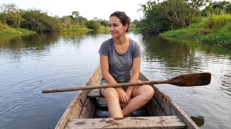 Mulher relaxada numa canoa deixando a correnteza levar, mostrando como parar de ter pressa segundo Bashar