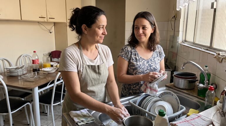 Duas irmãs lavando louça juntas depois do almoço, ilustrando como perdoar alguém segundo Bashar
