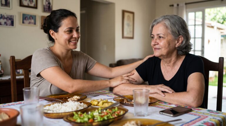 Como ser uma pessoa positiva: mulher acalma a mãe preocupada no almoço de domingo
