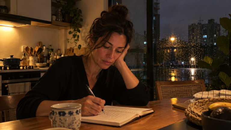 Mulher escrevendo num caderno à noite, refletindo sobre o crescimento espiritual nas fases difíceis