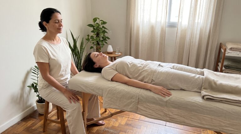 Curador espiritual com as mãos descansando enquanto a cliente relaxa sozinha, ilustrando a visão de Bashar