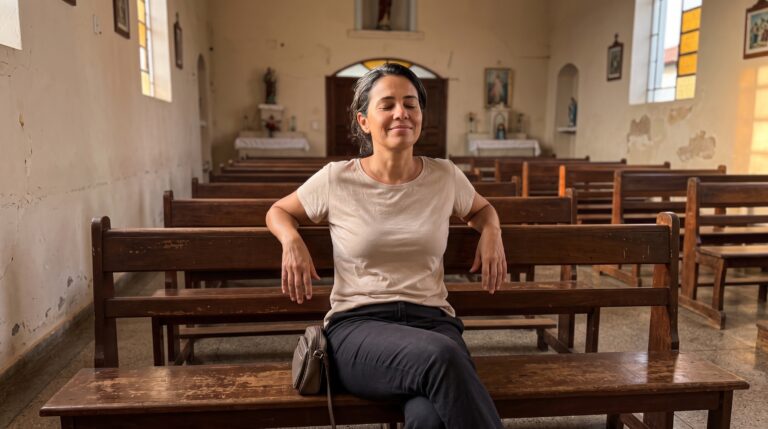 Mulher sentada numa igreja vazia com expressão de alívio, ilustrando que Deus não pune, segundo Bashar
