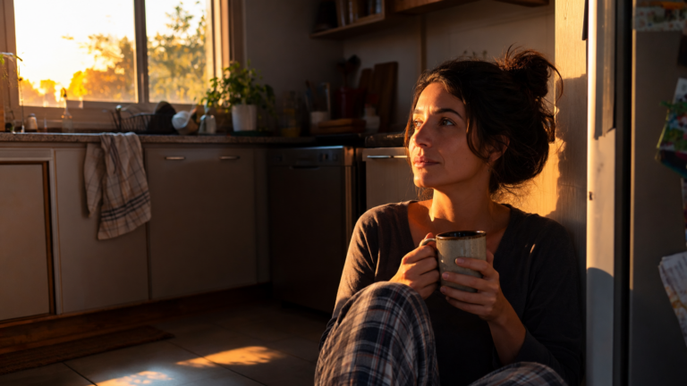 Mulher na cozinha ao amanhecer com luz do sol no rosto, representando a mente superior segundo Bashar
