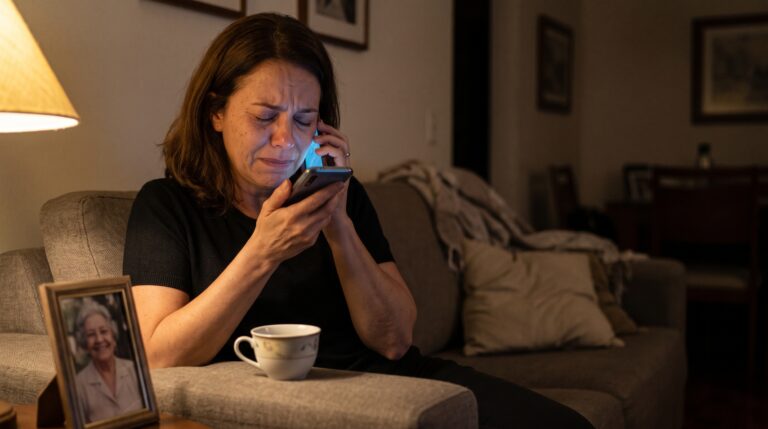 Mulher ouvindo áudio da mãe no sofá e pensando no que acontece com a alma depois desta vida