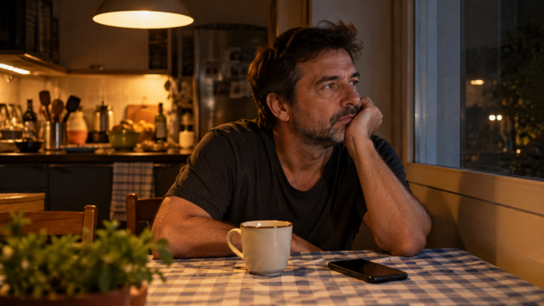 Por que me abandonaste: homem sozinho na mesa da cozinha à noite, ao lado do celular, olhando pela janela