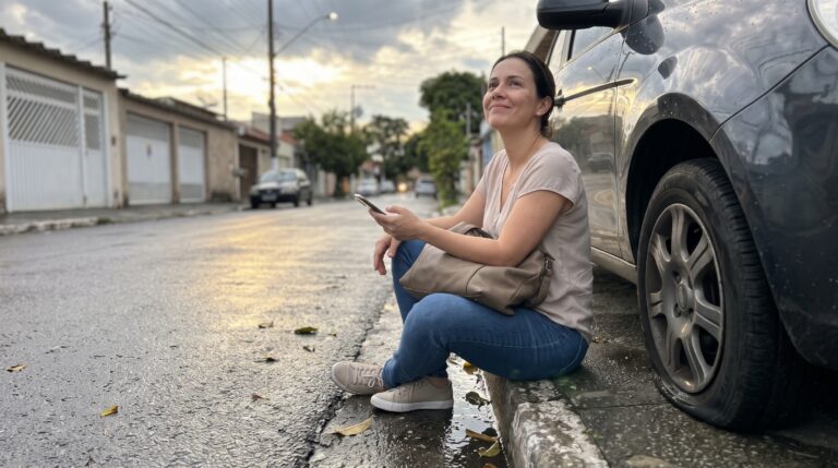 Mulher sorrindo ao lado do carro com pneu furado, aprendendo o que fazer quando tudo dá errado segundo Bashar