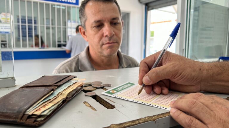 Homem marcando volante de loteria ao lado da carteira, refletindo sobre sua relação com o dinheiro
