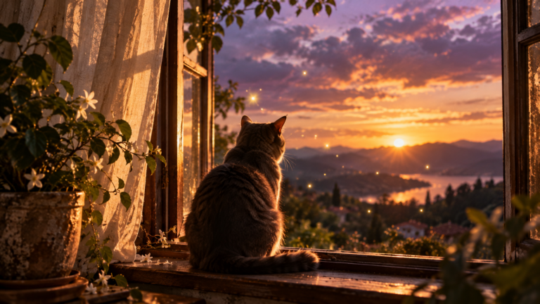 Significado espiritual dos gatos: gato na janela ao entardecer com luz dourada