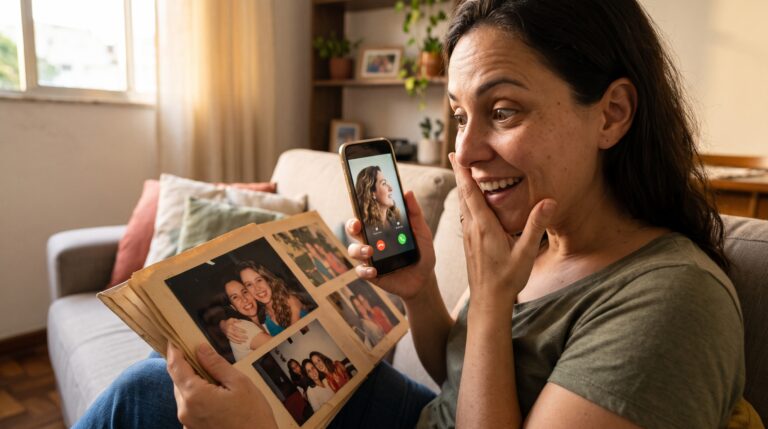 Mulher olha a foto de uma amiga no álbum e, no mesmo momento, recebe a ligação dela: um exemplo de sincronicidade