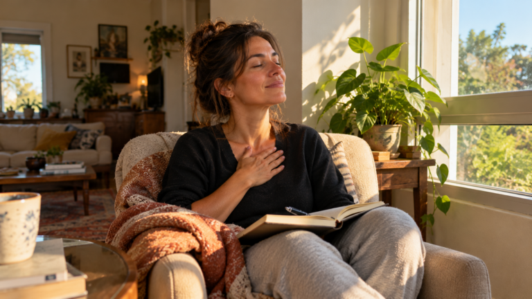 Mulher de olhos fechados praticando visualização para manifestar, com um caderno no colo